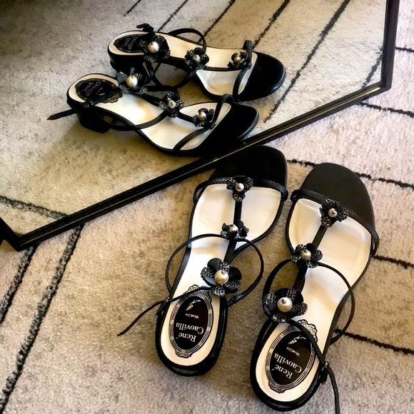 Rene Caovilla Black Karung/Pearls Jet Strass Sandal